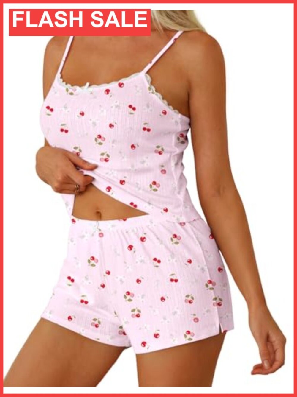 2pc Cami Pajama Set Lace Neckline Adjustable Straps Shorts